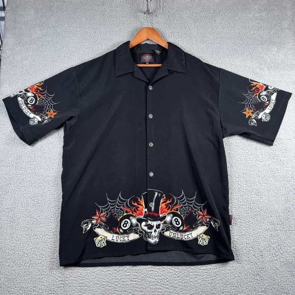 Dragonfly Roadhouse Other - Vtg Dragonfly Roadhouse Shirt Mens XXL Black Button Up Skull 8 Ball Biker Dice